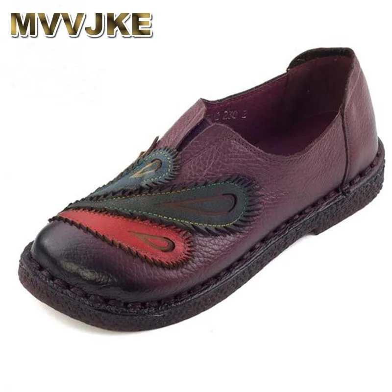 

MVVJKE Autumn stitching soft bottom retro handmade shoes Women Shoes Genuine leather Flats Large size casual mom shoes