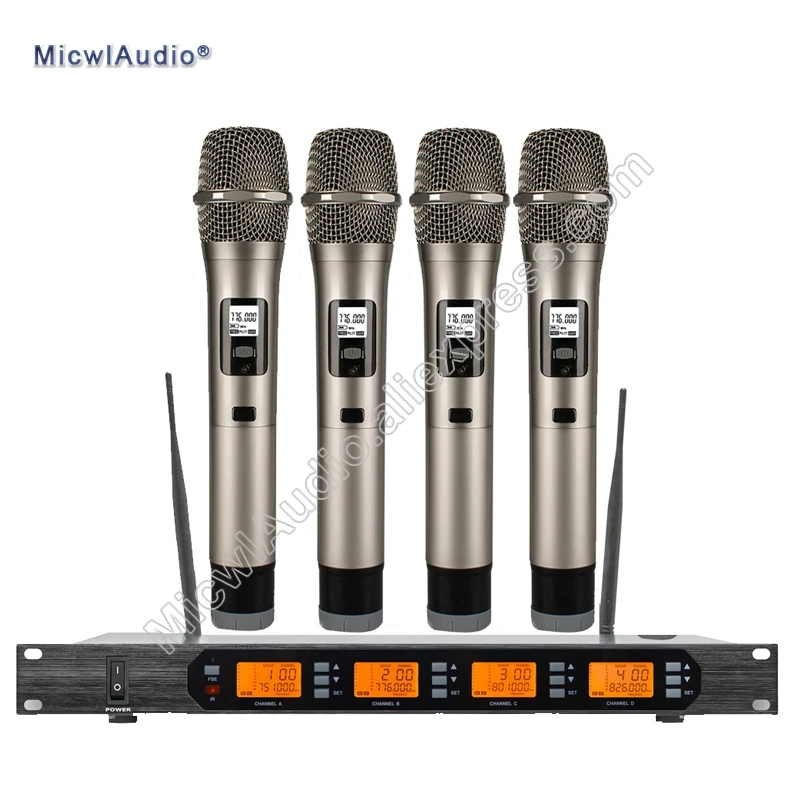 المهنية UHF 4 قناة الرقمية ميكروفون لاسلكي نظام استقبال مع 4 الارسال مجموعات ميكروفون D400 Micwl. الصوت