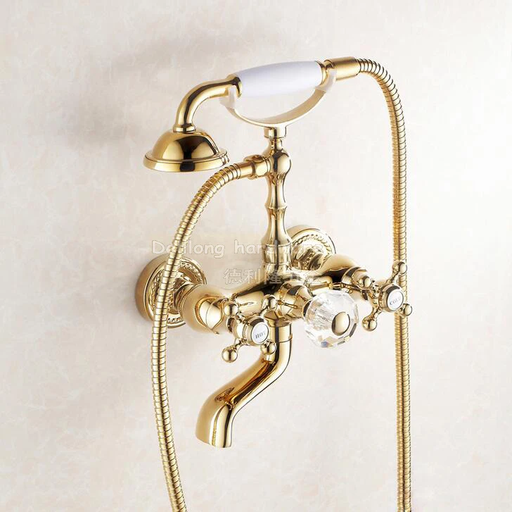 European luxury gold plated crystal shower set double handle bathtub