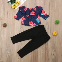 Для маленьких малышей летний комплект хлопковой одежды для девочек цветочный с открытыми плечами и рюшами рукав футболки брюки наряды