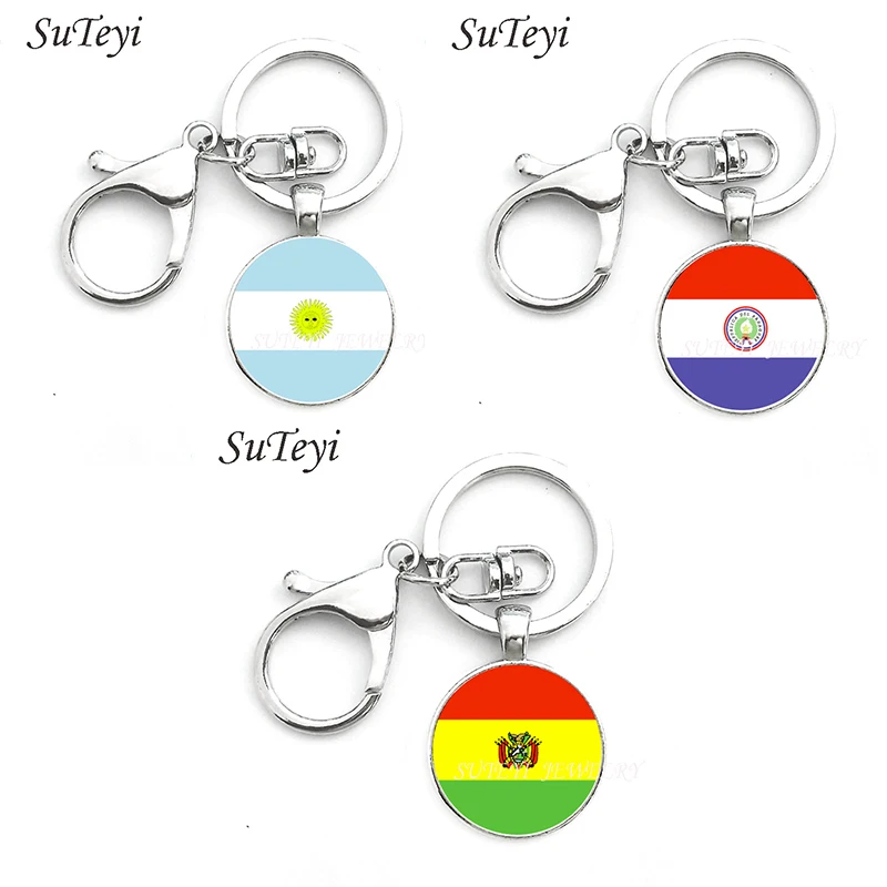 

Vintage national symbolic jewelry keychain Argentina and Paraguay and Bolivia flag art pendant key ring holder men women jewelry