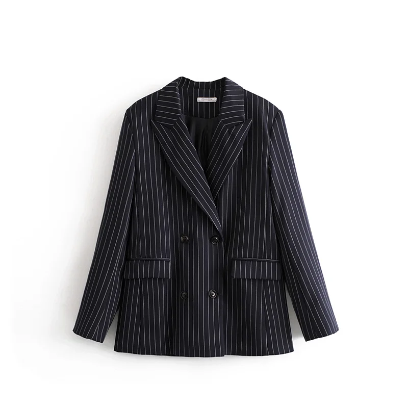 Office Lady Navy Striped Women Blazers Long Sleeve Business Workwear