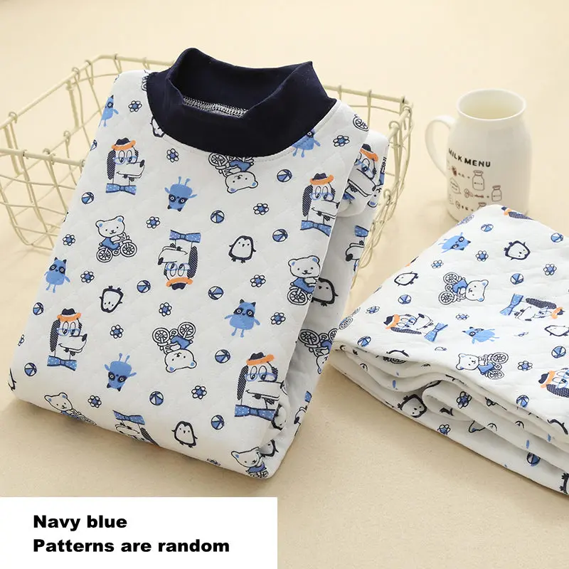 Зимняя теплая Подростковая пижама из хлопка, Детская Пижама с высоким воротником, комплект пижам с подштанниками для детей от 3 до 16 лет - Цвет: Navy blue