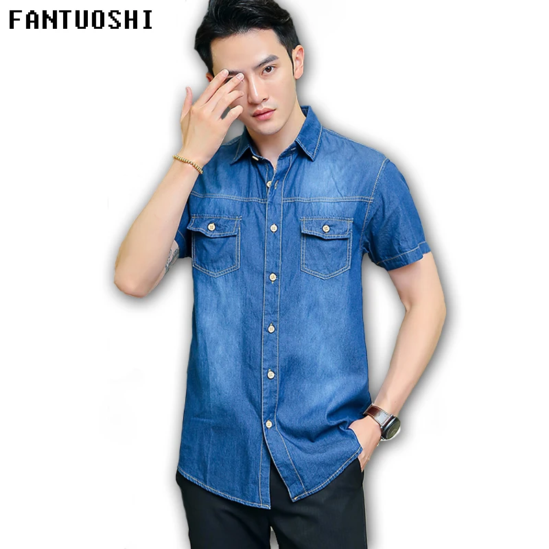 2018 جديد الصيف الرجال القمصان قصيرة الأكمام القطن عارضة قميص دينيم تنفس الرجال قمصان دنيم كبيرة حجم الدنيم الذكور قميص 8xl