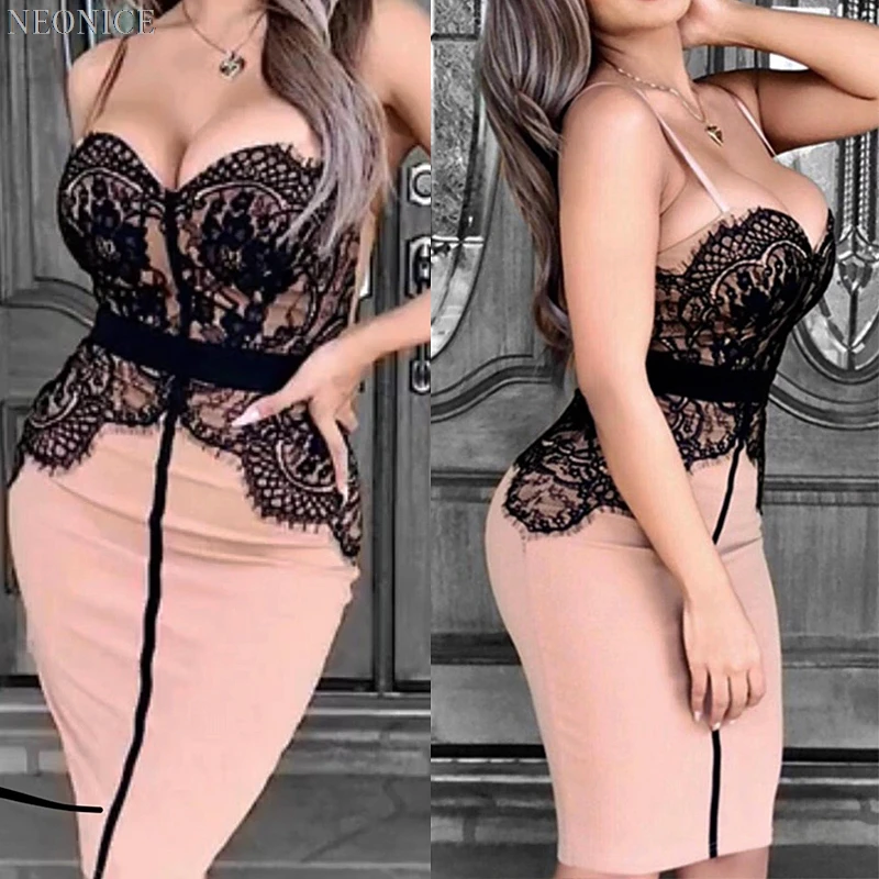 

2019 new woman Elastic bandage dress tight nightclub socialite birthday party fashion sexy package hip leisure lace stitching