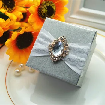 

free shipping grey silver fine square metal wedding gift boxes with lace and ribbon ,BY170313