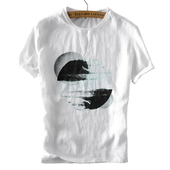

Front linen and back cotton fabric stitching t shirt men summer breathable print short-sleeved t-shirt mens brand white tshirt