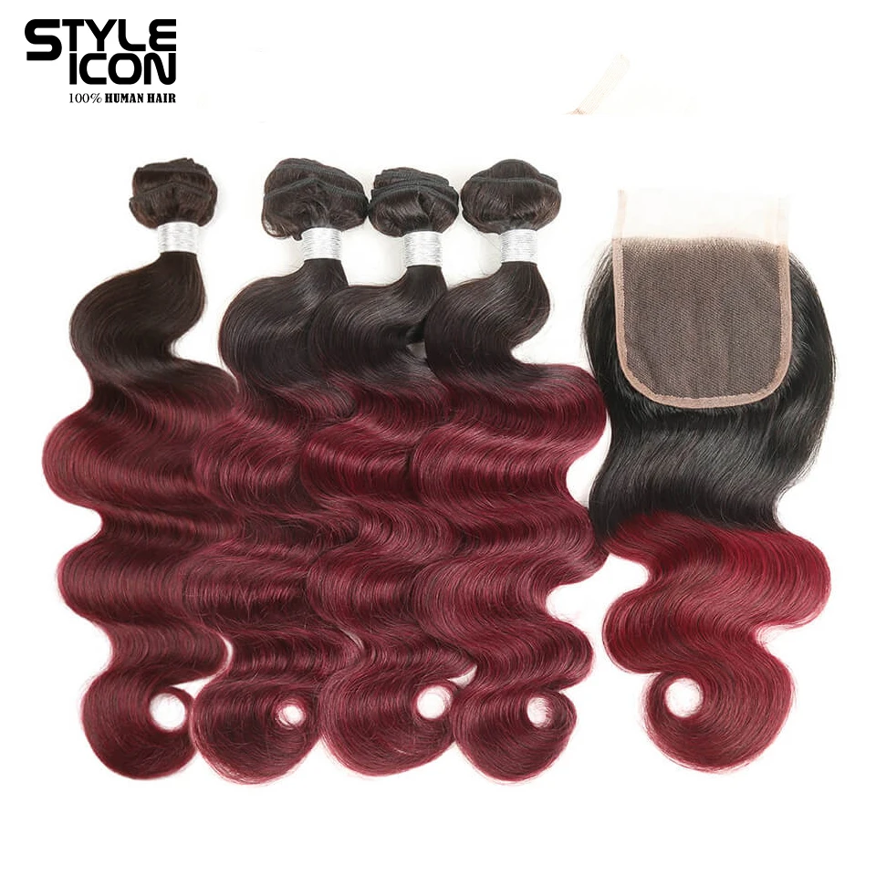 StyleIcon Pre-Colored Brazilian Body Wave 4 Bundles with Closure Ombre Wine Red Human Hair Weave T1b99j 4x4 Lace Closure