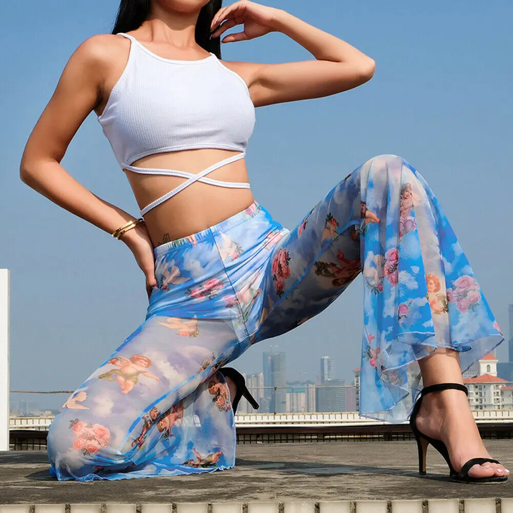 

High Waist Angel Print Flared Pants Women Beach Mesh Sheer Transparent Long Pants Trousers Bell-Bottom