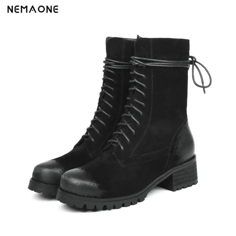 

Women Ankle Boots lace up Autumn Winter Warm High Heels Shoes Woman Punk suede Leather Motorcycle Boots size 41 42 43