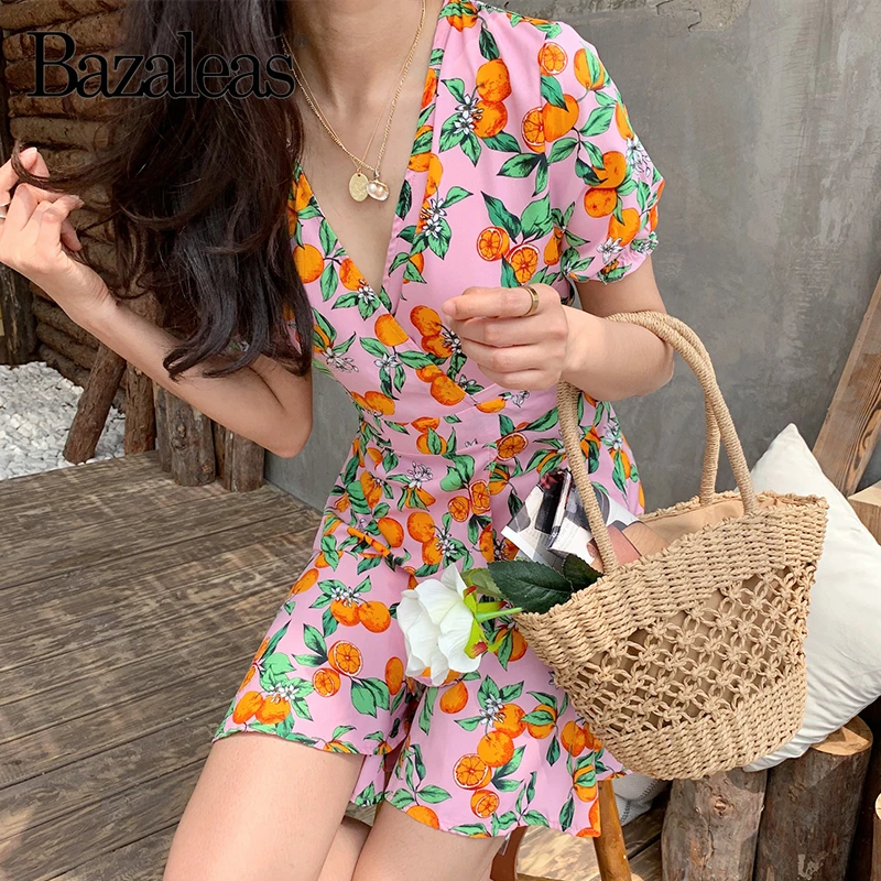 

Bazaleas Vintage fastening tie side women dress Fashion Orange print Pink wrap dress Casual V Neck vestido drop shipping