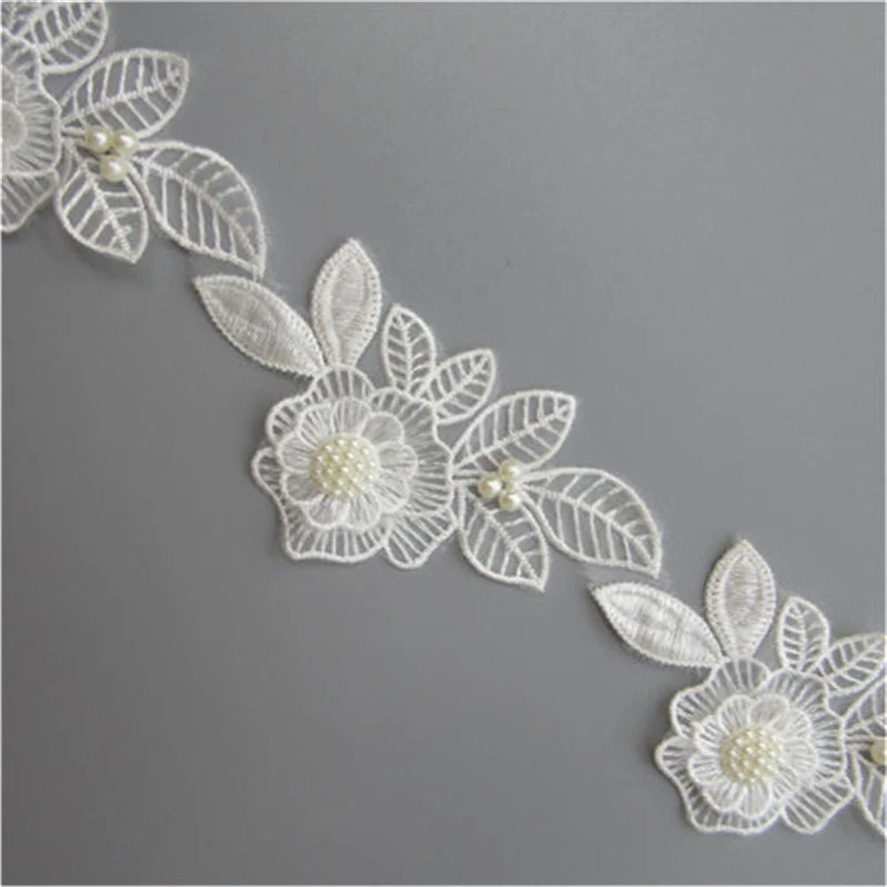 2 Meters White Flower Diamond Beads Lace Trim Ribbon Wedding Applique DIY Sewing