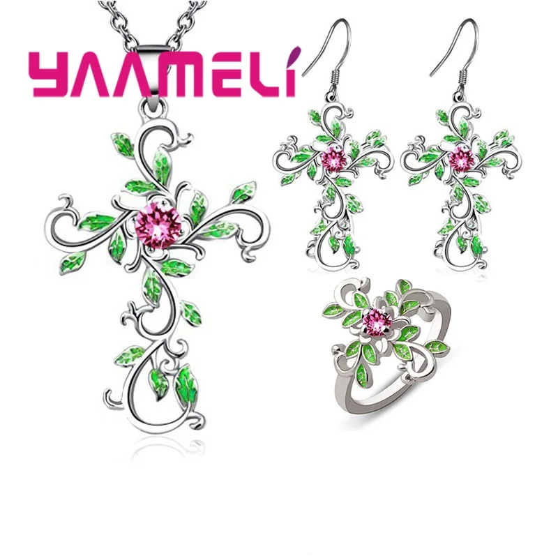 

Excellent 925 Sterling Silver Jewelry Set Fantastic Eye-Catching Accessories Cross Pendant Necklace Dangle Earrings Elegant Ring