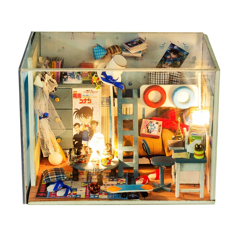 iiE CREATE 2018 New DIY 3D Wooden Detective Conan Case Closed Doll house miniature with LED+Furniture+cover Room for children Lover Gift (6)