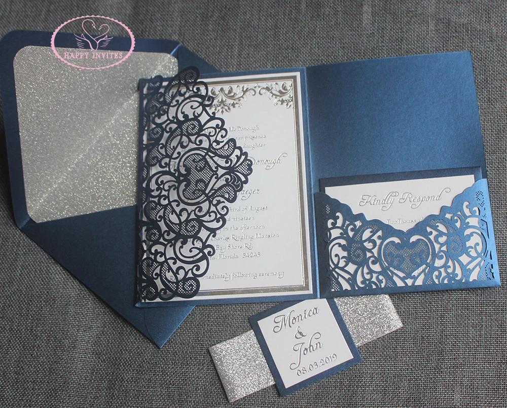 

Free Shipping for some Countries/areas! HI3042 Custom Blue Laser Cut Wedding Cards with Silver Foil Letterpress Printing