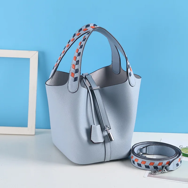 

2019 New Hand Rub Pattern Leather Vegetable Basket Bag Hand Bill of Lading Shoulder Color Women's Fashion Leather Bucket Bag