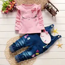 Automne filles nourrissons bébé enfants à manches longues t-shirt + de bande dessinée jeans en denim à bretelles Salopette Salopette pantalon 2 PCS vêtements ensembles S3773