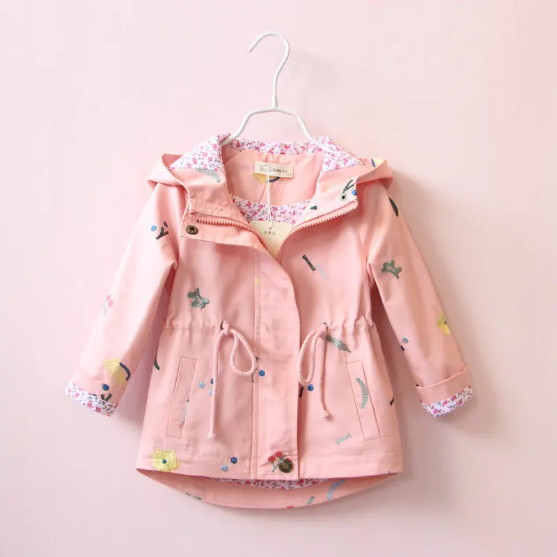

Spring Autumn Girls Windbreaker Coat New Fashion Flower Embroidery Baby Hooded Outwear Toddler Children Pink Blue Kids Jacket