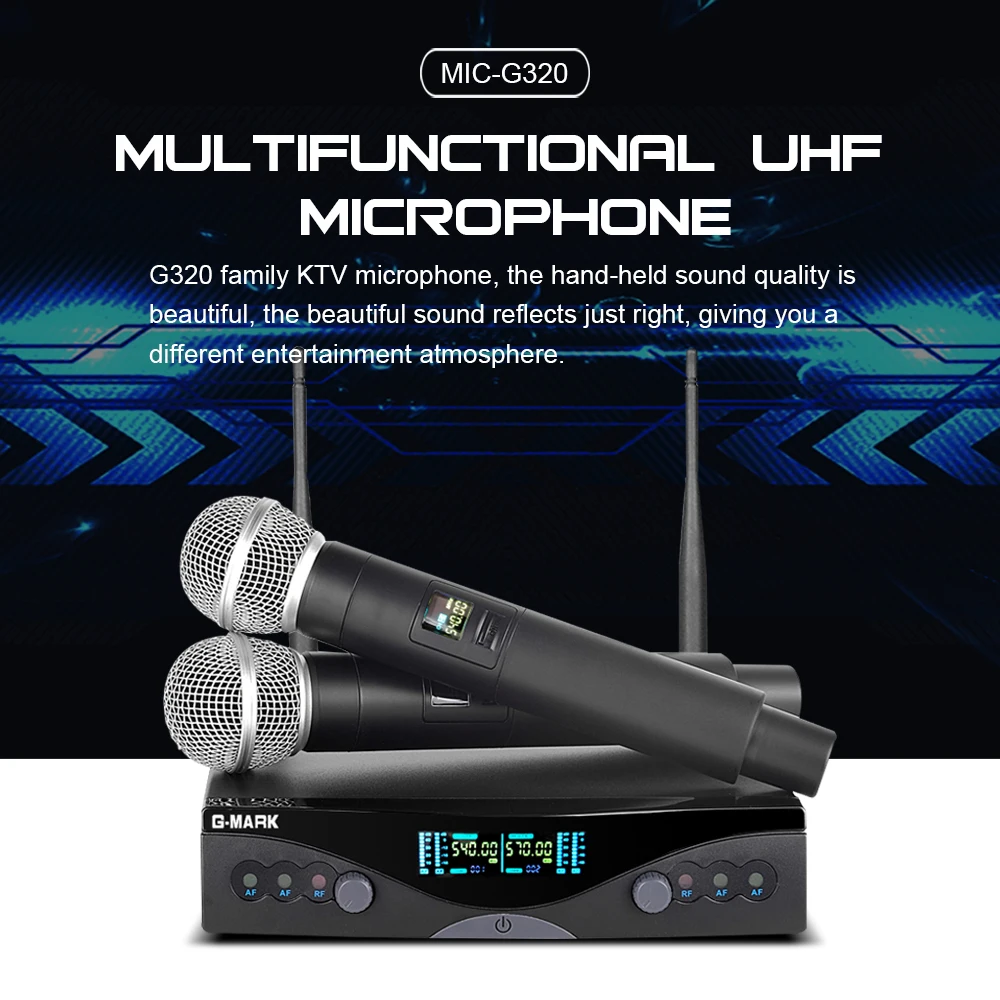 G-MARK UHF Wireless Microphone System G320 Long Range Dual Channel 2 Handheld Mic Transmitter Professional Karaoke Top Quality