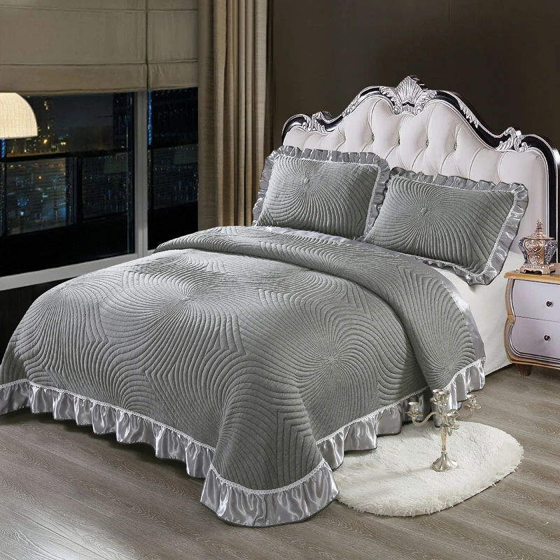 

Luxury European Style 3D Gray White High Quality Comfortable Soft Cotton Thick Blanket Lace Bedspread Bed sheet pillowcases 3pcs