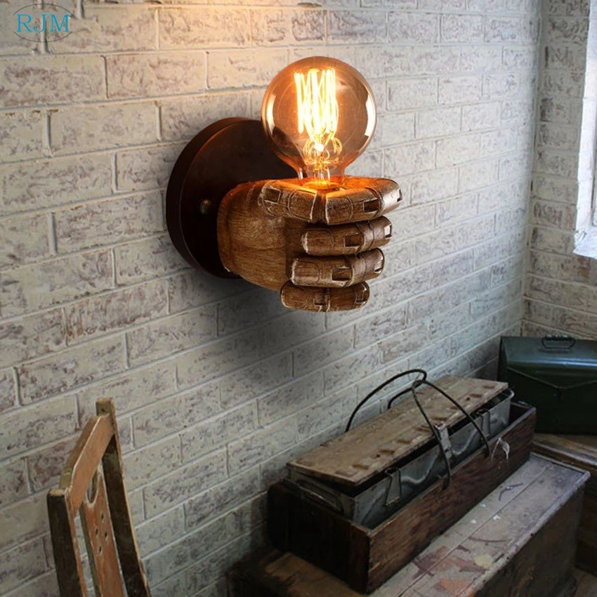 American Vintage Wood Hand Model Wall Lamps Loft Foyer Resin Wall Lights for Restaurant Study Dining Room Bar Coffee Shop Lights