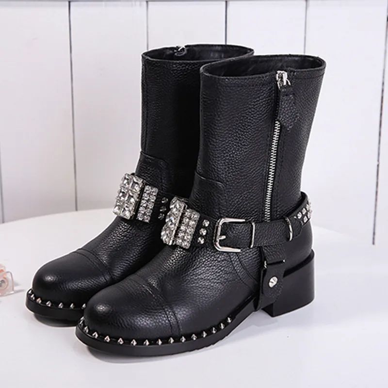 Designer Luxury Boots Women 2017 Genuine Leather Rhinestone Martin Boots Spring brand Rivet Booties Shoes European Shoes