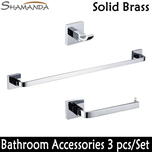 Free Shipping Bathroom Accessories Set Square Solid Brass Chrome Robe hook Paper Holder Single Towel Bar 3 pcs/set-wholesale