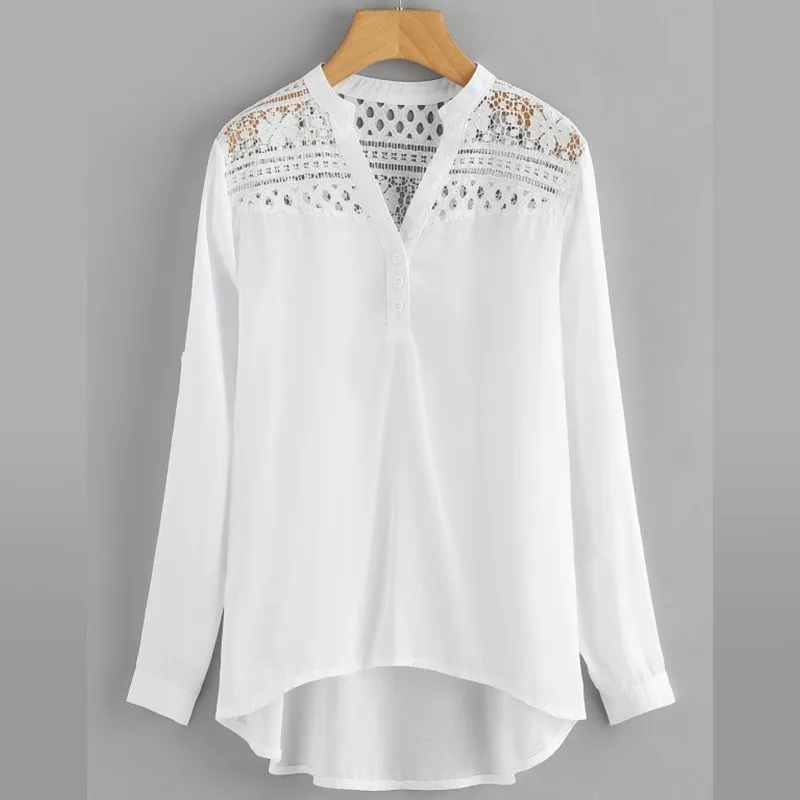 

Europ New Lace Hollow Out Top Eyelet White Chiffon Shirt 2019 Button Band Collar Cap Sleeve Top Women Casual Long-Sleeved Blouse