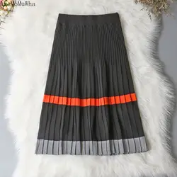 AreMoMuWha осень-зима Новый контрастная прошивка удлиненная юбка в полоску со складками шерстяная вязаная удлиненная юбка Women596