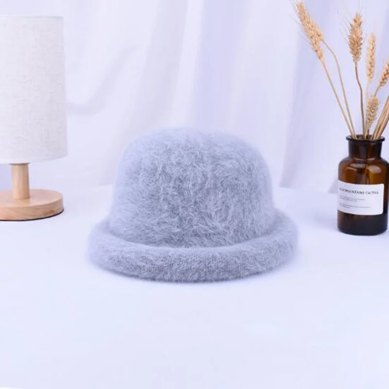 Winter Women New Cap Fur Thick Warm Bucket Hats Casual Solid Color Ladies Fur Fashion Cap Female H3 - Цвет: grey