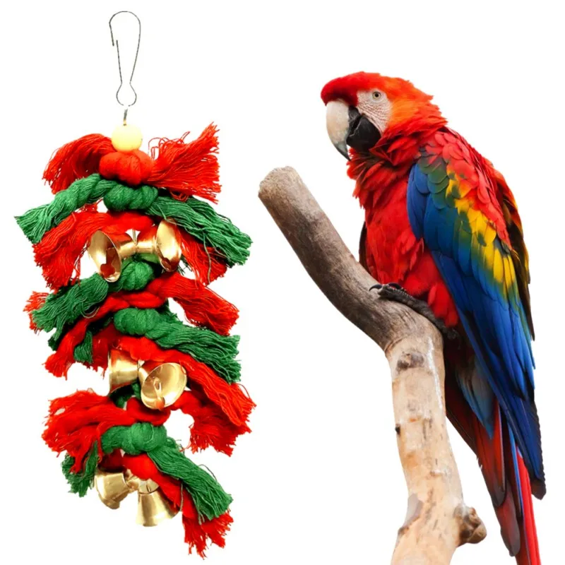 Домашние птицы игрушечные попугаи хлопок скалолазание веревочные узлы с рождественскими колокольчиками Висячие жевательные Декор Какаду длиннохвостный попугай качели будги