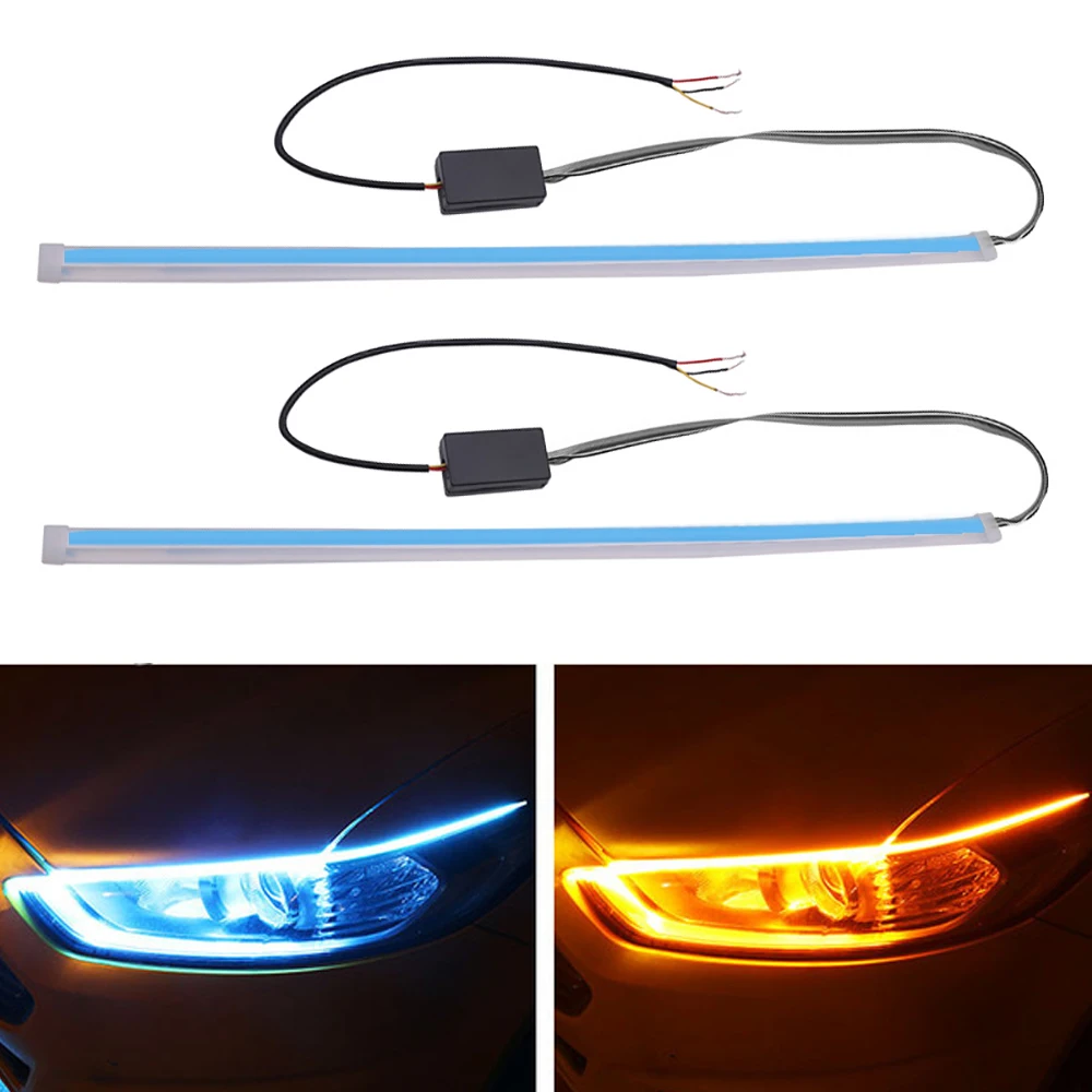 

2x30/45/60cm Car Slim Flexible Daytime Running Lights Turn Signal DRL Running Light 12V Yellow Flowing Headlight LED Strip
