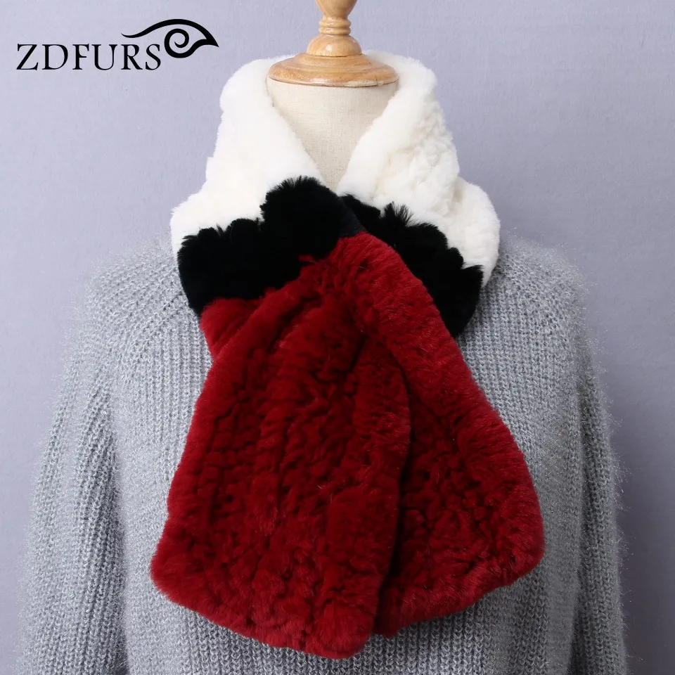 

ZDFURS* Knitted Rex Rabbit Fur Scarves Patchwork Women Winter Warm Fur Wraps Striped Natural Fur Scarves