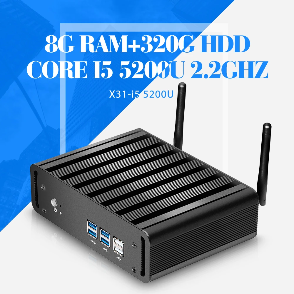 Mini PC HTPC Core i5 5200U 8G RAM DDR3L 320G HDD WIFI 1*HDMI 1*VGA 4*USB 3.0 2*USB 2.0 Windows 7 Fanless Mini PC