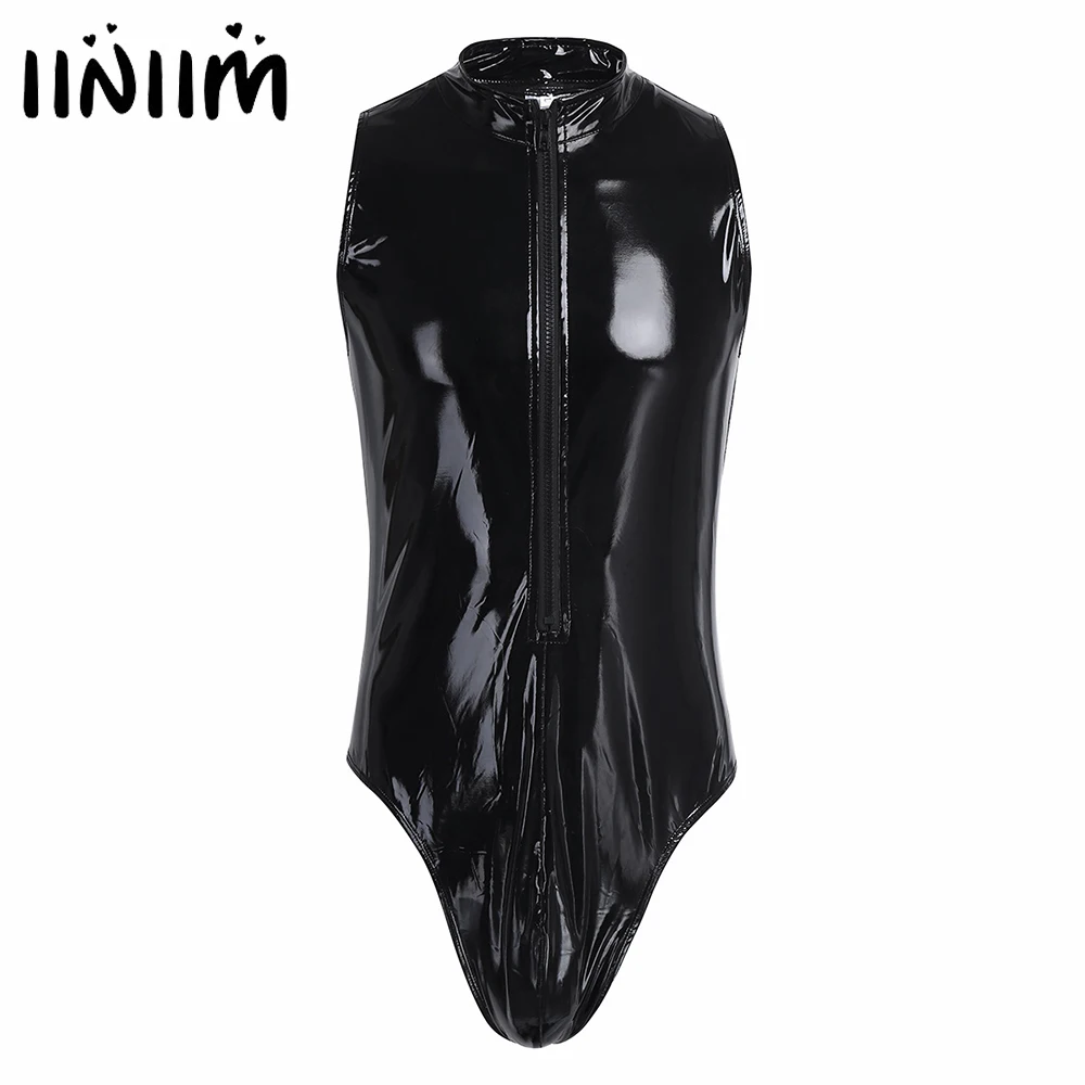 Iiniim, модное черное мужское белье, лакированная кожа, цельный, Wetlook, без рукавов, на молнии, трико, обтягивающие боди, комбинезон