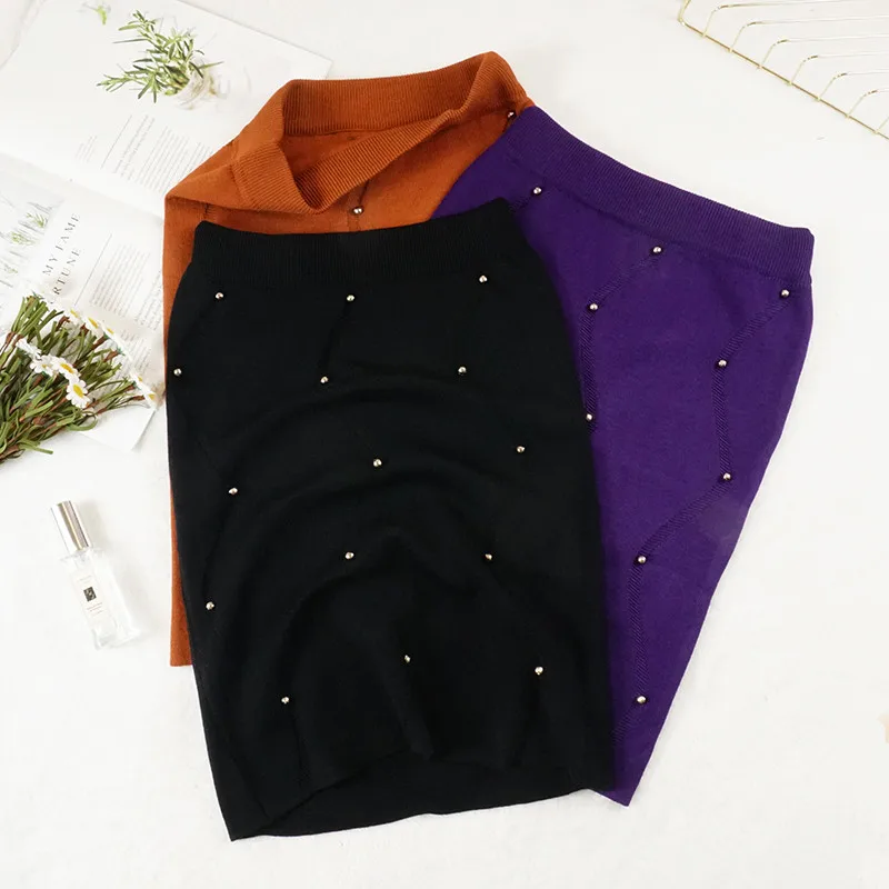 

2018 Autumn Winter Women Pencil Skirt Elastic High Waist Beading Sweater Skirts Ladies Package Hip Knitted Skirt Mini Skirt 1043