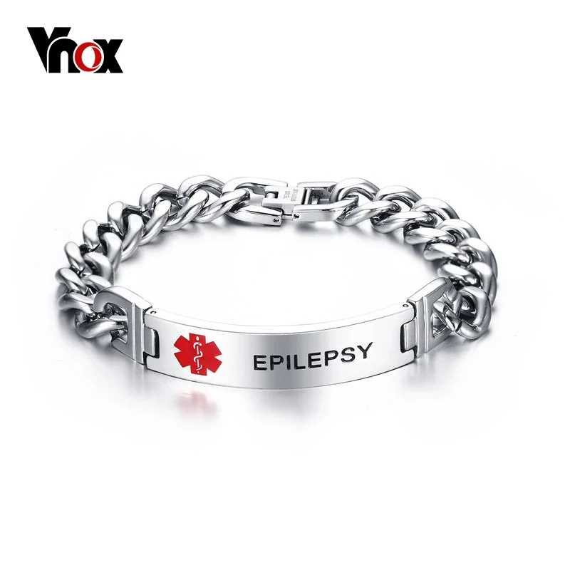 Vnox Epilepsy Medical Bracelet Emergency Custom Engraved Medical Alert ID Bracelet Men Jewelry