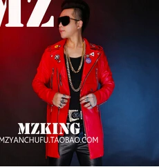 S-5XL! Мужская Новая мода DJ красный длинный локомотив кожаная куртка пальто певица костюмы формальное платье размера плюс одежда - Цвет: Красный