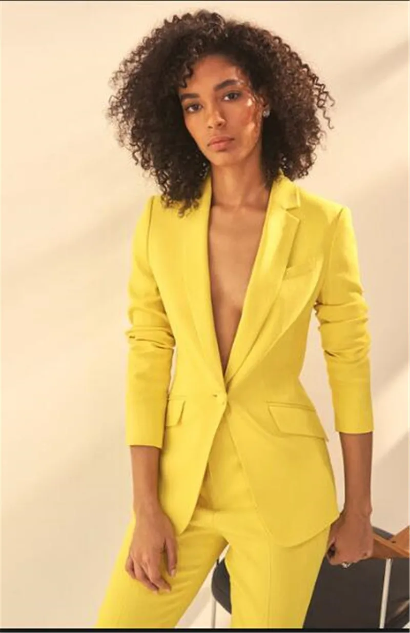 Yellow Women Notch Lapel Jacket+Pants 