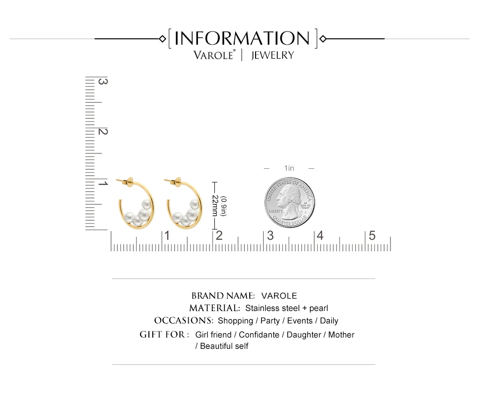 VAROLE корейские серьги в форме C из нержавеющей стали с жемчугом золотого и серебряного цвета, серьги-кольца для женщин, свадебные ювелирные изделия kolczyki