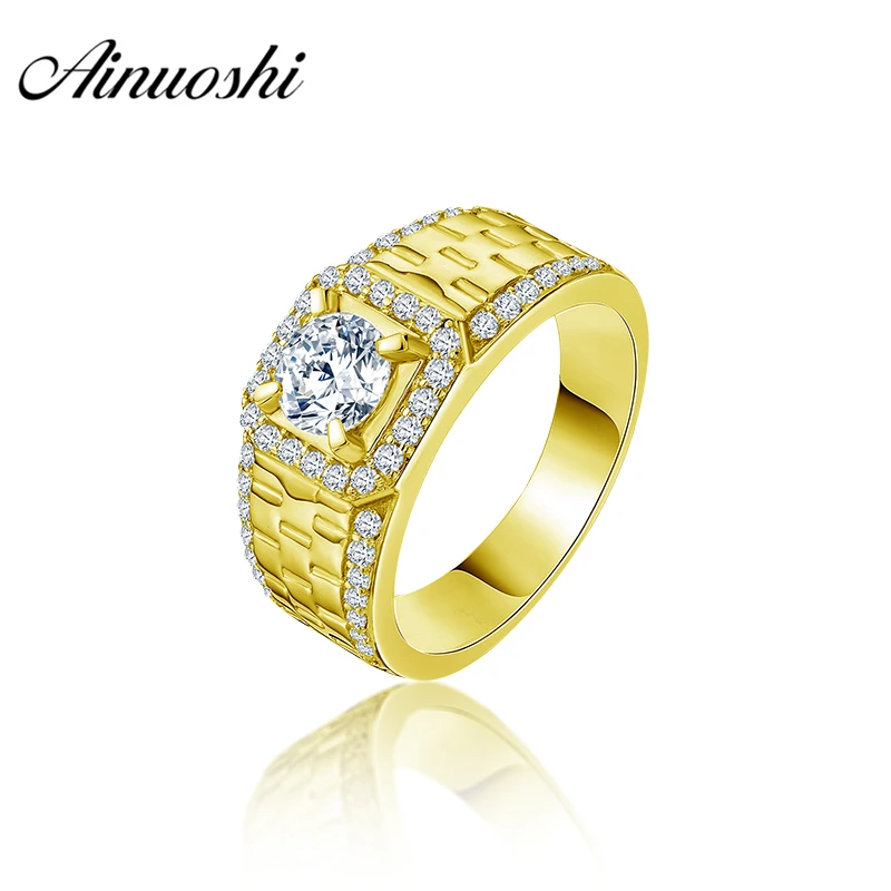 

AINUOSHI 10K Solid Yellow Gold Men Ring Unique Pattern Round Ring Engagement Wedding Male Jewelry 5.5g Exquisite Wedding Band