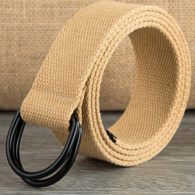 Black Double D Loops Knitted Canvas Woman Waist Belts Outdoors Casual