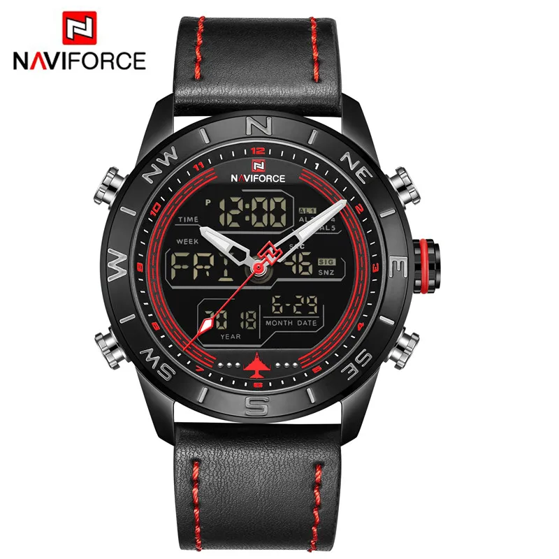 Мужские часы от роскошного бренда, мужские кожаные спортивные часы NAVIFORCE, кварцевые светодиодный цифровые часы, водонепроницаемые военные наручные часы 9134 - Цвет: NA914405