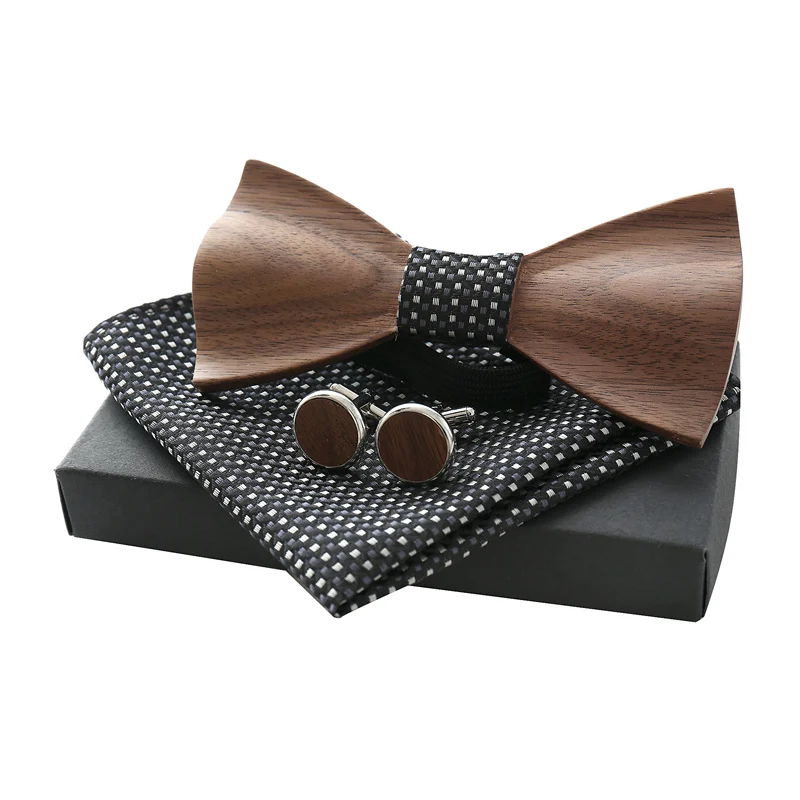 Unisex High-end Natural Wood Raised Bow Tie For Wedding Logo Customized Wooden Ties Set 6 Color Free Handkerchief Z304SQ