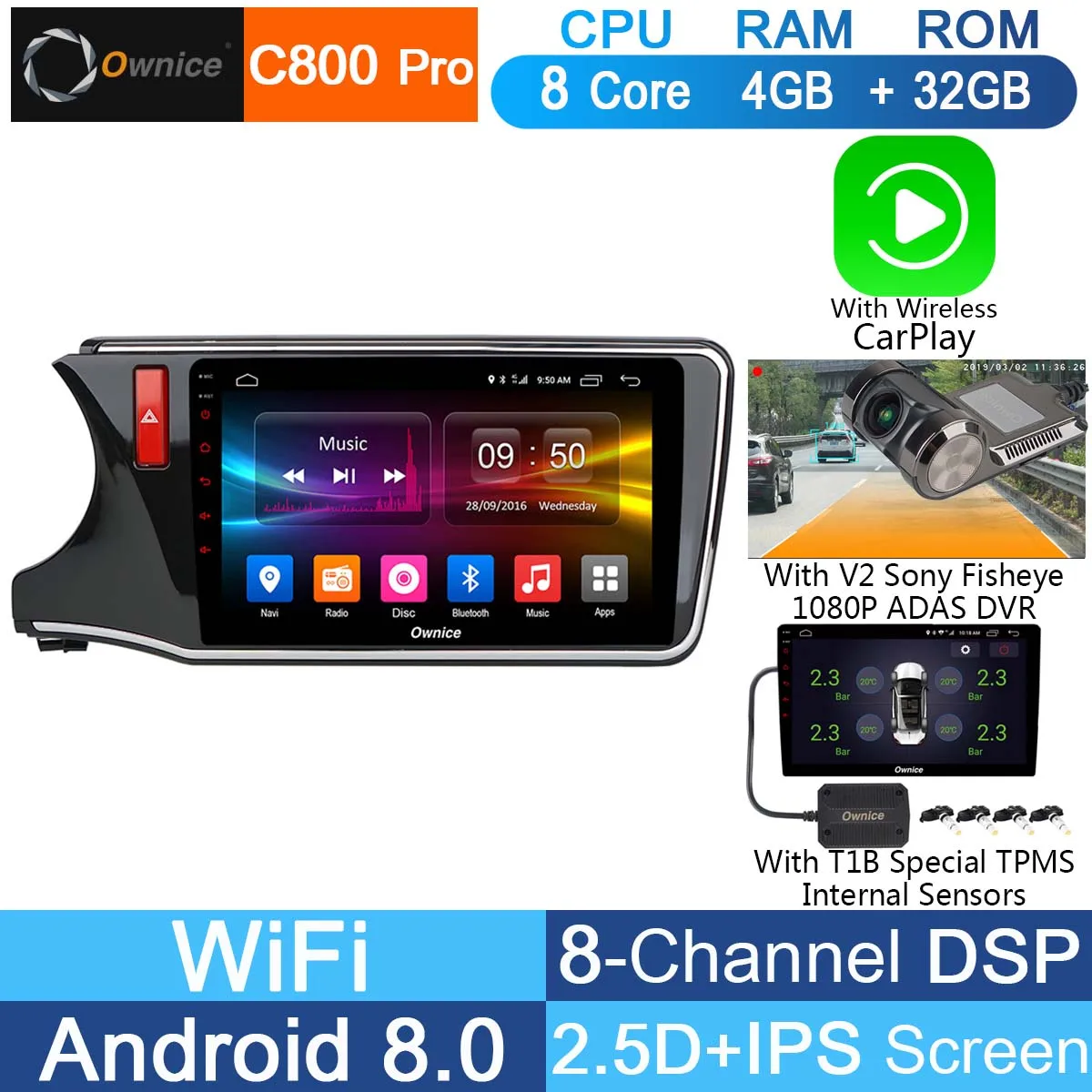 10," ips Android 8,1 Восьмиядерный 4G ram+ 32G rom автомобильный dvd-плеер Радио стерео для Honda City DSP CarPlay - Цвет: C800 Pro DVR TPMS AT