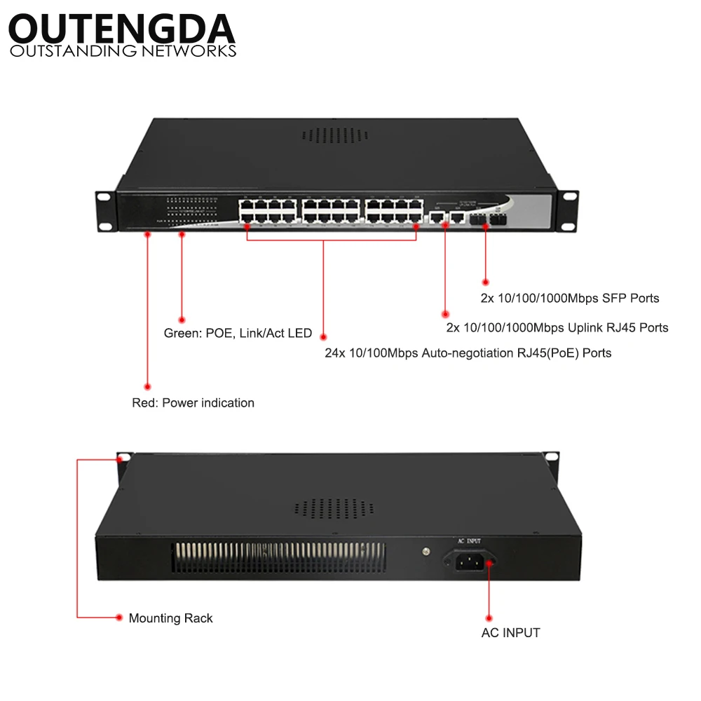 24 10/100 Мбит/с POE коммутатор стандарт 802.3af/at переключатель с 2*1000 UPlink и 2 гигабит SFP для