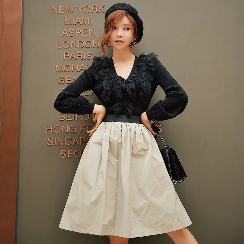 Dabuwawa Ruffles V Neck Romantic Mesh Knitted Sweaters For Girls Women Lanterns Sleeve Elegant Sweet Cardigans Tops #DN1AJS005