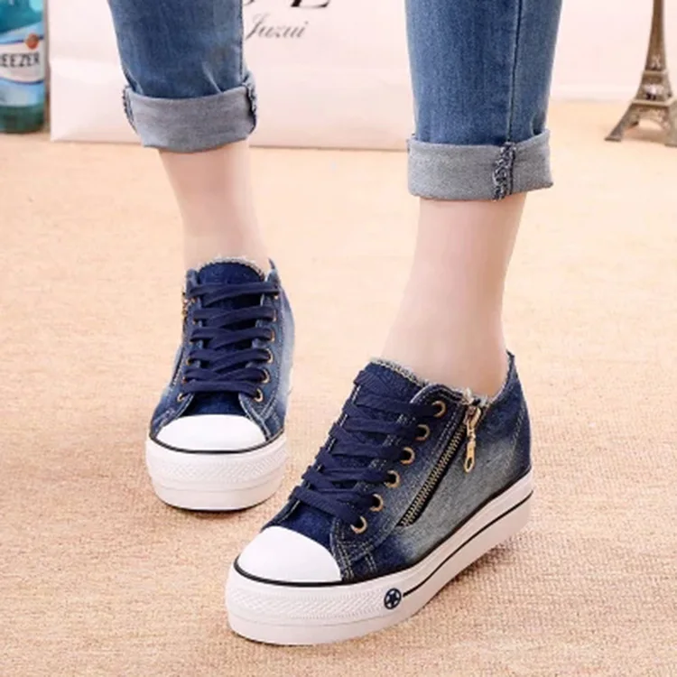 

Thick bottom height increasing low to help women's shoes students side zipper denim shoes women's casual shoes