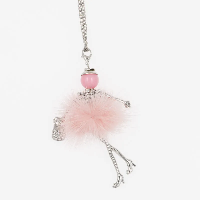 Fashion Lovely Paris Doll Pendant Necklace For Girls Children's Long Necklace Modern Lady's Imitation Rabbit Hair 5 Colors Gift6 pink