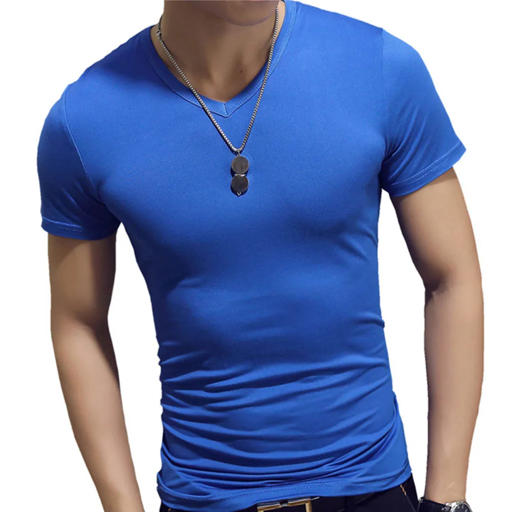 Мужская футболка в Корейском стиле с коротким рукавом и v-образным вырезом, однотонные Модные Простые повседневные топы для фитнеса, тренажерного зала, 8 цветов, летняя футболка для мужчин - Цвет: Небесно-голубой